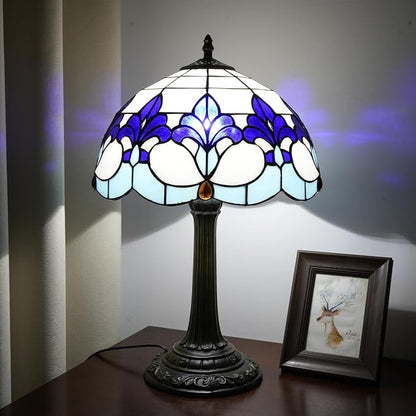 Tiffany Style Table Lamp with Blue Iris Stained Glass Lamp 12 Inch Retro Bronze Base Bedside Lamp Living Rooms, Offices, Hotel，Coffee Shop European Style Decorative Ambient Light Bedside Lamp