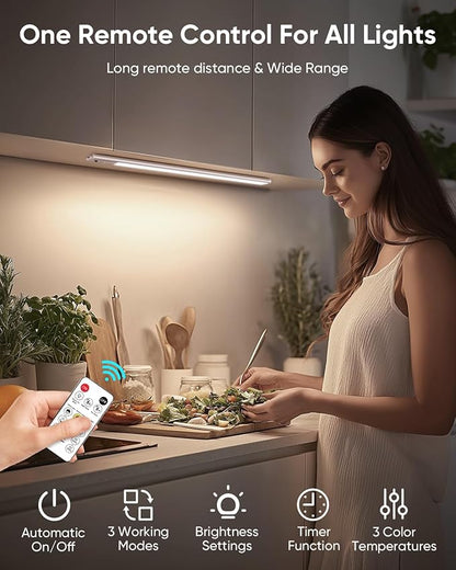 Under Cabinet Lighting Wireless, Rechargeable LED Motion Sensor Light Indoor, Closet Lights with Remote, Timer, 3 Color Temps & Dimmable Magnetic Under Counter Lights for Kitchen, Stairs, 4 Pack