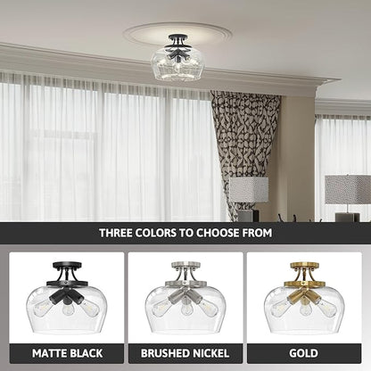 VONLUCE Semi Flush Mount Ceiling Light, 13.8" Ceiling Light Fixture with Clear Glass Shade, E26 Base, 3-Bulb Industrial Lighting Fixture for Hallway Entryway Bedroom, Matte Black, ETL Certificated