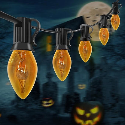 Abeja Orange Halloween Lights, 25FT Orange Flickering Lights String with 27 Flame Incandescent Blubs, Halloween Waterproof Flicker Lights for Spooky Thanksgiving Party Decor