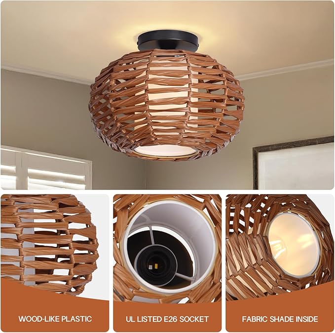 CALOKES Boho Semi Flush Mount Ceiling Light, Rattan Style Hand Woven Shade, Farmhouse Ceiling Fixture for Bedroom, Kitchen, Hallway, Entryway