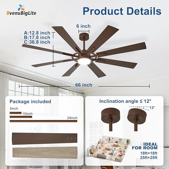 Large Ceiling Fans with Lights: Modern 66 Inch 8 Blade Outdoor Ceiling Fan with Remote APP Control - Dimmable Brown Big Fan light Indoor Reversible 6 Speed Quiet DC Motor