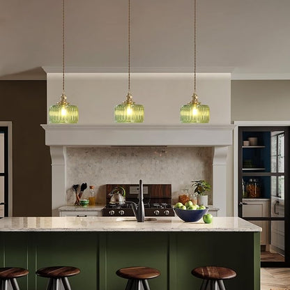 Shenmoyl Pendant Light with Green Striped Glass Lmapshade, Brass Vintage Pendant Light Adjustable Hanging Light for Kitchen Island Dining Room Hallway