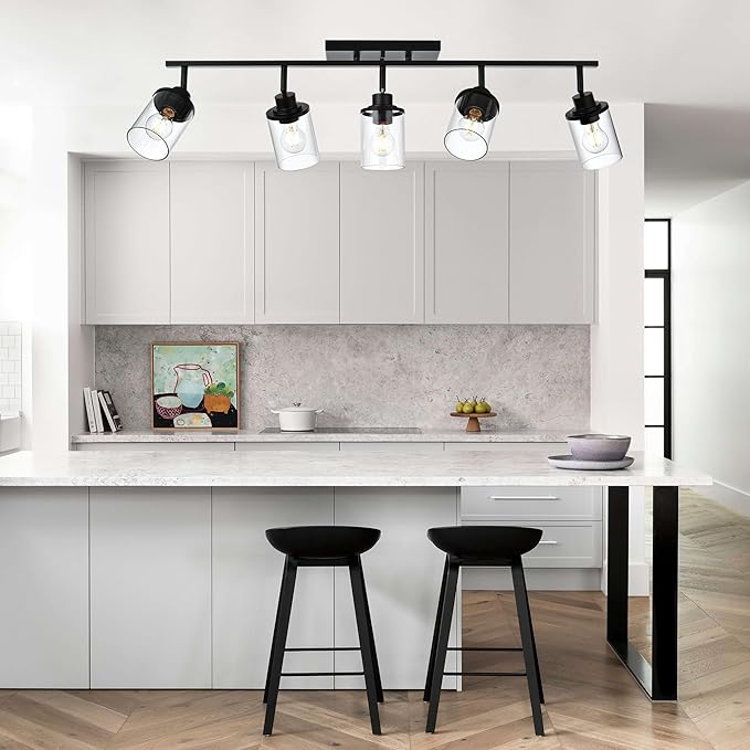 5-Light Adjustable Track Lighting Kit in Matte Black Semi Flush Mount Ceiling Light with 5 Rotatable Light Heads Modern Vanity Lights for Bathroom, Clear Glass Shade