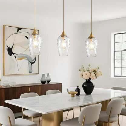 Glass Pendant Lights Kitchen Island, Gold Pendant Light Fixtures with Hand-Blown Clear Glass Modem Farmhouse Hanging Light for Kitchen Sink Dining Room Bedroom