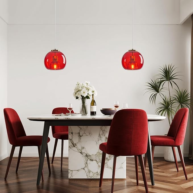 Red Glass Pendant Lights Kitchen Island Gold Hanging Light Fixture Glass Globe Pendant Light Modern Pendant Lighting for Kitchen Island Bedroom Dining Room (7.87", 1 Pack)