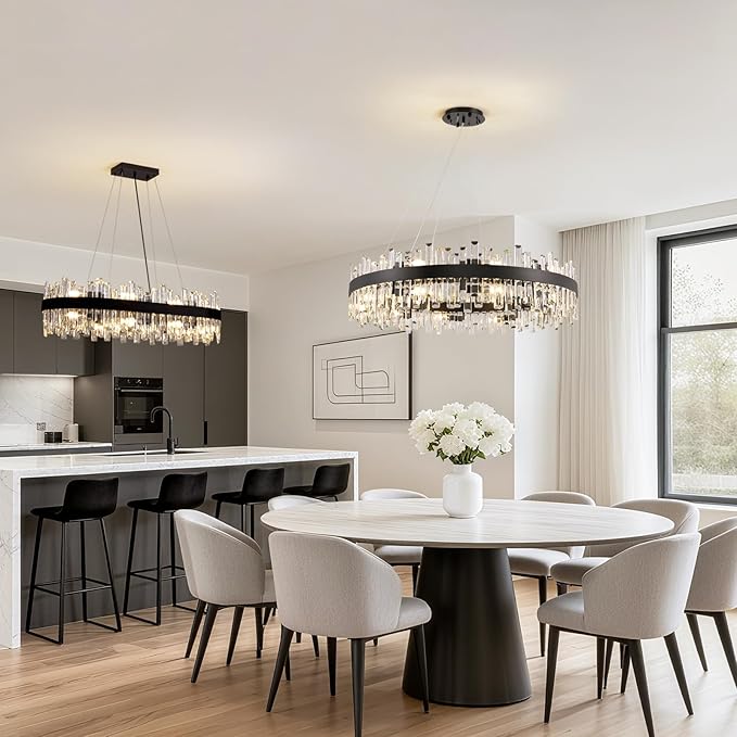 Siljoy Modern Crystal Chandelier Farmhouse Black Round 2-Tiers K9 Crystal Raindrop Chandelier Adjustable Flush Mount Crystal Ceiling Light for Dining Living Room Entryway Foyer E12x20, D39.4''