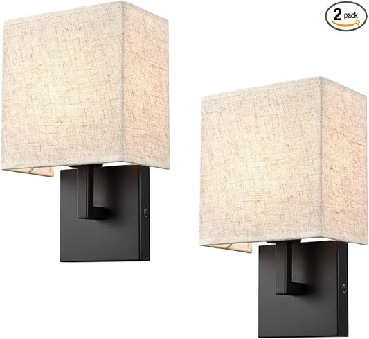YUBOLE Industrial Wall Sconces Black Bedroom Wall Lamp with Khaki Slub Fabric Shade Dimmable Set of 2