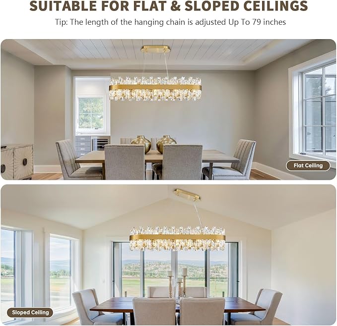 Modern Brass Gold Crystal Chandelier, Rectangle K9 Crystal Raindrop Chandelier Lights, Contemporary Ceiling Hanging Light Fixtures for Kitchen Island Dining Room, Length 35.4 inches