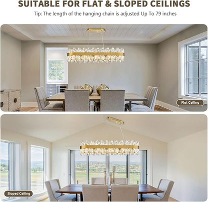Modern Brass Gold Crystal Chandelier, Rectangle K9 Crystal Raindrop Chandelier Lights, Contemporary Ceiling Hanging Light Fixtures for Kitchen Island Dining Room, Length 35.4 inches