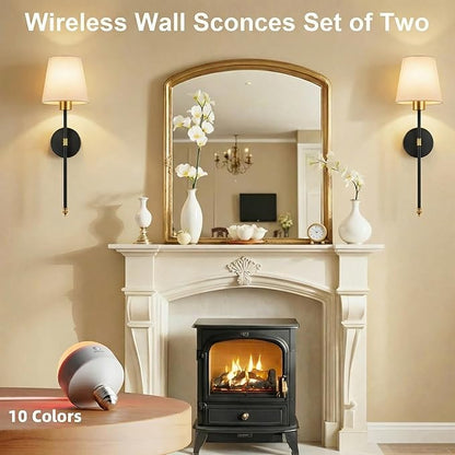 IRONPAX Wall Sconces Battery Operated Set of 2, Wireless Rechargeable Wall Sconce Set of Two, Dimmable Wall Lights with Remote for Bedroom Living Room Hallway Decor (Gold-Black, Fabric Shade)