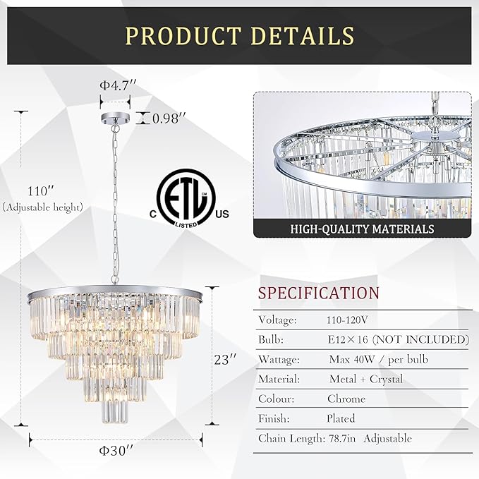 CATINER Large Crystal Chandeliers Modern Chrome 30” Chandelier for Foyer Staircase Luxury 5 Tiers 16 Lights K9 Ceiling Pendant Lighting Fixture for Living Room Dining Room Bedroom