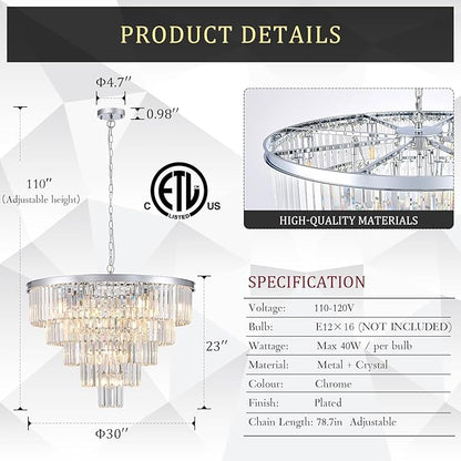 CATINER Large Crystal Chandeliers Modern Chrome 30” Chandelier for Foyer Staircase Luxury 5 Tiers 16 Lights K9 Ceiling Pendant Lighting Fixture for Living Room Dining Room Bedroom