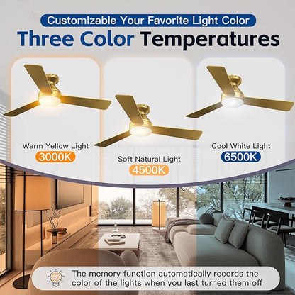 Ceiling Fans with Lights, 42 Inch Ceiling Fan with Light And Remote, 3CCT Flush Moun Low Profile Ceiling Fans, 6 Speed Noiseless LED Ceiling Fan, All Gold Ceilings Fan for Bedroom Living Room