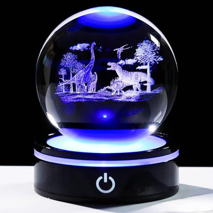 YWHL 3D Dinosaur Figurine Crystal Ball with Colorful Light Base, Dinosaur Gifts for Women Men on Christmas Birthday, 3D Laser Engraved Dinosaurs Full Sphere Glass Ball for Home Office Decor (80mm)