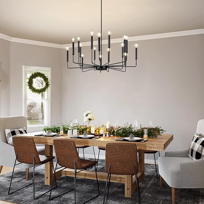 Yiisem Modern Farmhouse Black Chandelier, 16-Light Rustic Candle Chandelier, Industrial Hanging Chandeliers for Dining Room, Living Room, Kitchen, Foyer, Entryway
