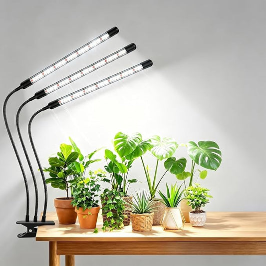SDOVUERC Tri-Head Clip Grow Light for Indoor Plants, Full Spectrum with 6/12/18H Timer, 5 Dimmable Levels, 3 Spectrum Modes & 360° Gooseneck for Seedlings, Houseplants, Succulents