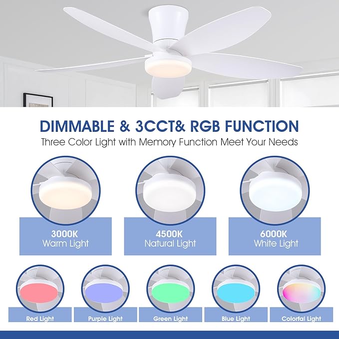 Surtime Flush Mount RGB Ceiling Fans with Lights-48 Low Profile Ceiling Fan with Light and Remote/APP Control,DC Reversible,LED Dimmable Ceiling Fans for Bedroom,Indoor/Outdoor Patio Use(White)