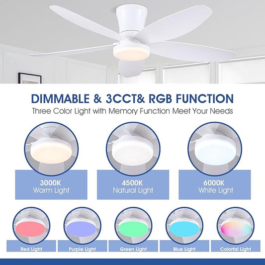 Surtime Flush Mount RGB Ceiling Fans with Lights-48 Low Profile Ceiling Fan with Light and Remote/APP Control,DC Reversible,LED Dimmable Ceiling Fans for Bedroom,Indoor/Outdoor Patio Use(White)