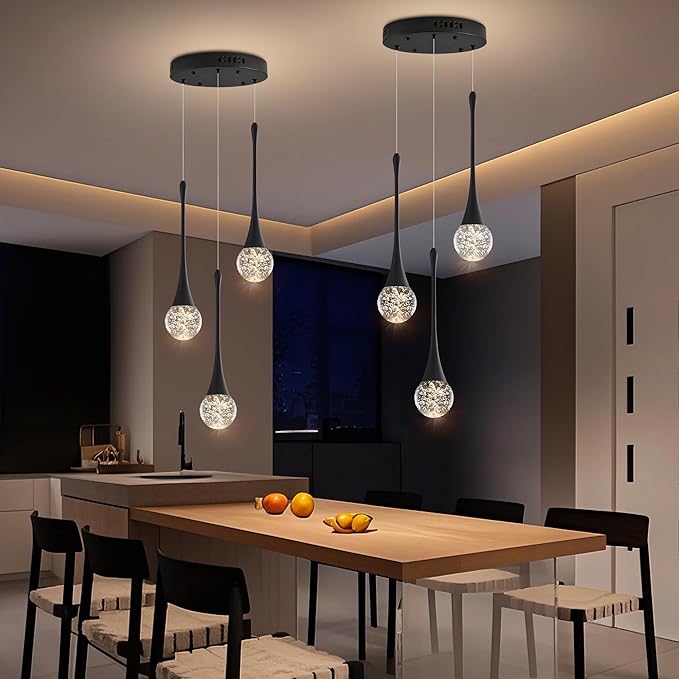 Modern Crystal Kitchen Island Chandelier 3-Lights Black, LED Dimmable Raindrop Indoor Lighting Fixture for Dining Room Foyer Entryway Remote Control