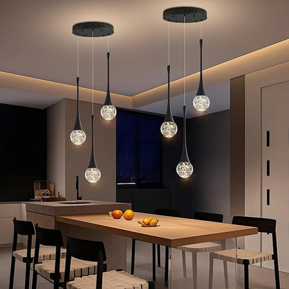 Modern Crystal Kitchen Island Chandelier 3-Lights Black, LED Dimmable Raindrop Indoor Lighting Fixture for Dining Room Foyer Entryway Remote Control
