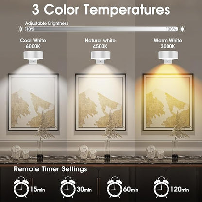 Picture Lights for Wall, 3 Lighting Modes Magnetic Art Display Light,Battery Operated Led Painting Light with Remote Control Dimmable & Timer,6Pack White