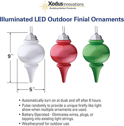 Xodus Innovations WP600-3 Battery Powered 8 inch LED Finial Ornaments, Pulsing Action, Dusk Sensor (Pack of 3) White