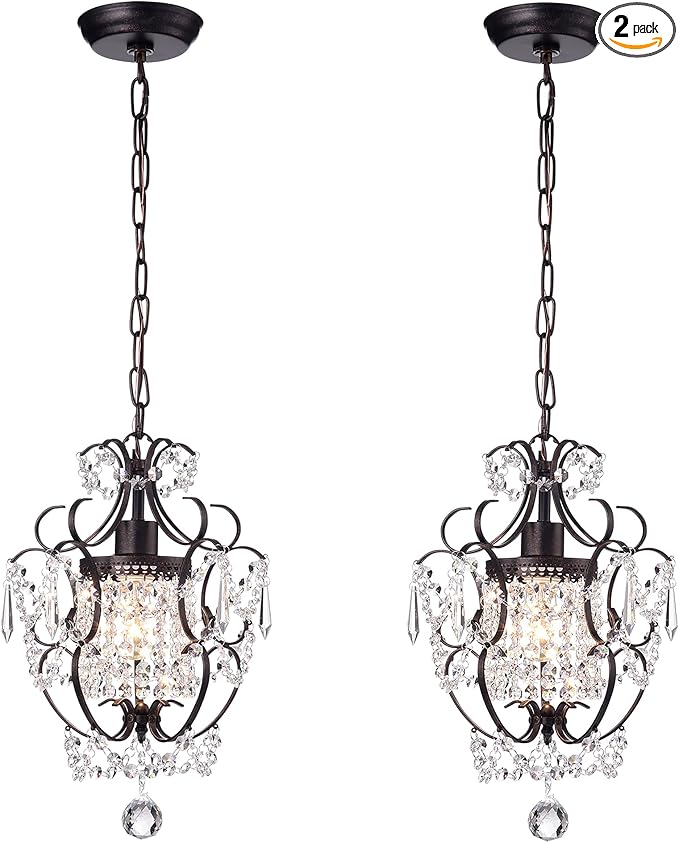 Edvivi Amorette Mini Chandelier Crystal, 1 Light Modern Elegant Glam Ceiling Light Fixture Antique Bronze, Adjustable Hanging Lighting for Closet, Bedroom, Girls Room, Kitchen Island, 2-Pack