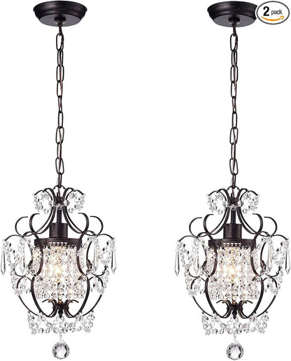 Edvivi Amorette Mini Chandelier Crystal, 1 Light Modern Elegant Glam Ceiling Light Fixture Antique Bronze, Adjustable Hanging Lighting for Closet, Bedroom, Girls Room, Kitchen Island, 2-Pack