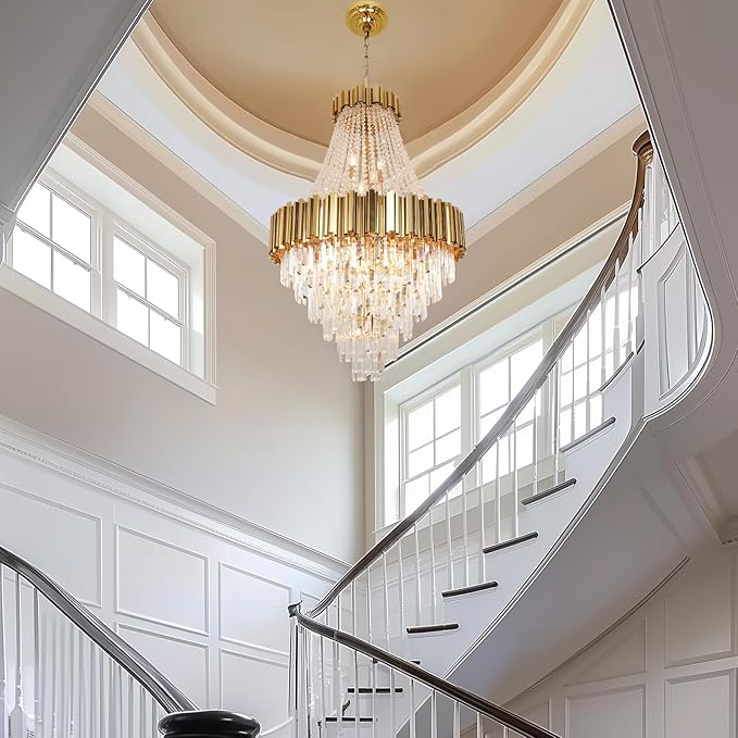 Luxury Crystal Chandelier for High Ceilings, 30" 17-Light Gold Lighting Fixture for Foyer Entryway, Stairway, Open Dining Room