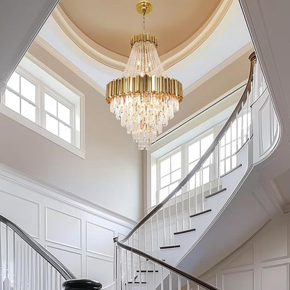 Luxury Crystal Chandelier for High Ceilings, 30" 17-Light Gold Lighting Fixture for Foyer Entryway, Stairway, Open Dining Room