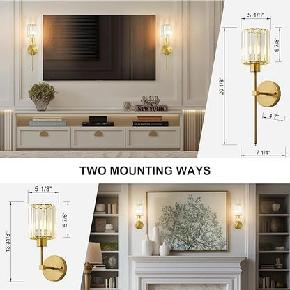 KARTOOSH Hardwired Crystal Wall Sconces Set of Two - Dimmable Wall Light Fixtures 3000K, Warm White, for Hallway, Bathroom, Living Room, Bedroom, Brass, 20.1 Inch