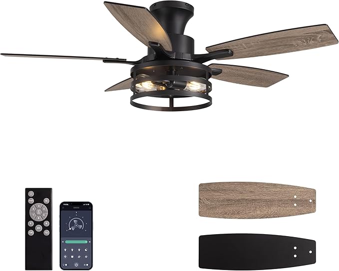 42 Inch Flush Mount Ceiling Fans with Lights and Remote Control, Farmhouse Ceiling Fan with LED Lighting for Bedroom Living Room and Patio, Black Caged Ceiling Fan for Indoor and Outdoor(NO Bulbs)