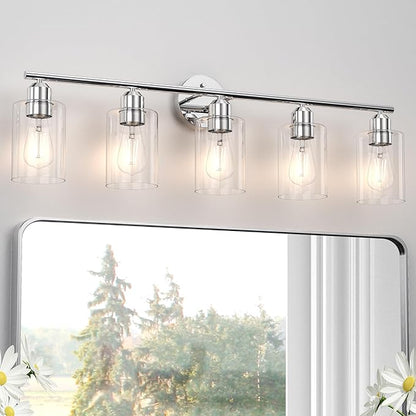 Bathroom Vanity Light Fixtures Polished Chrome Bathroom Lighting Fixture, 5 Lights Bathroom Light Fixture Over Mirror, Modern Black Vanity Light, Wall Sconces with Glass Shades