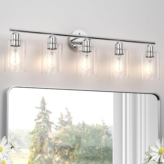 Bathroom Vanity Light Fixtures Polished Chrome Bathroom Lighting Fixture, 5 Lights Bathroom Light Fixture Over Mirror, Modern Black Vanity Light, Wall Sconces with Glass Shades