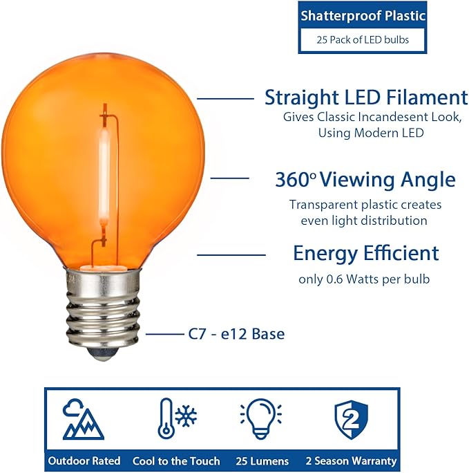 Novelty Lights G40 Filament LED String Light, Translucent Orange Bulbs, 25 Globe Lights with 12" Spacing on Green Wire, Indoor/Outdoor Festive Patio Lights