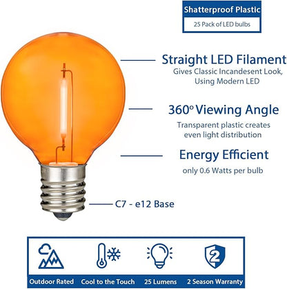 Novelty Lights G40 Filament LED String Light, Translucent Orange Bulbs, 25 Globe Lights with 12" Spacing on Green Wire, Indoor/Outdoor Festive Patio Lights