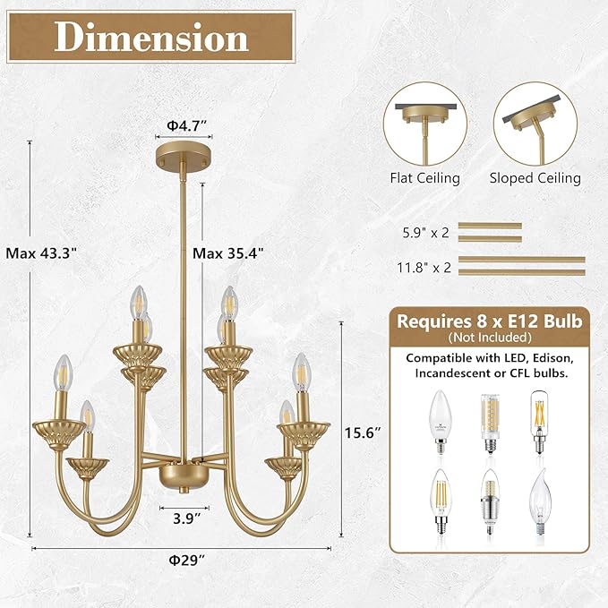 29" French Country Chandelier, 6-Light Farmhouse Pendant Light, Vintage Rustic Candle Lighting Fixture for Dining Room, Bedroom, Kitchen Island, Entryway, Living Room