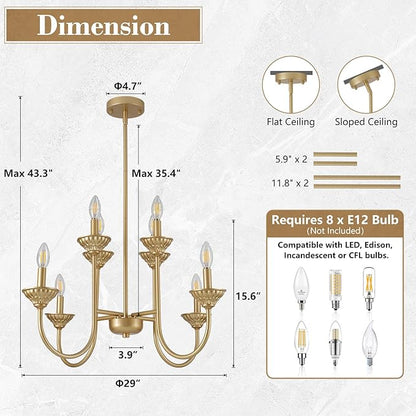 29" French Country Chandelier, 6-Light Farmhouse Pendant Light, Vintage Rustic Candle Lighting Fixture for Dining Room, Bedroom, Kitchen Island, Entryway, Living Room