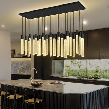 24-Light Rectangular Crystal Chandelier, Large Black Bubble Crystal Column Pendant Light, Adjustable Height Hanging Chandeliers for Kitchen Island, Living Room, Foyer