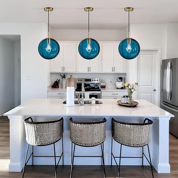 Modern Blue Glass Pendant Light, Kitchen Island Lighting 3-Pack Globe Pendant Light Fixtures Century Kitchen Island Pendant Lighting for Bedroom Living Dining Room Light Fixture (Without Bulb)