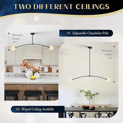 Mid Century Black Sputnik Chandelier Contemporary L45” 2 Lights Milk Glass Globe Ceiling Pendant Lighting Fixture for Kitchen Island Dining Room Home Office Bar
