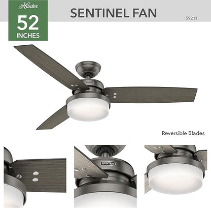Hunter 52 inch Indoor Ceiling Fan with LED Light and Remote Control - Standard Mount Ceiling Fan, 3 Blades, For Bedroom, Living Room, or Kitchen - Sentinel 59211, Brushed Slate