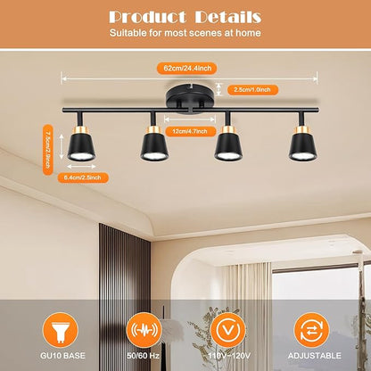 GORDNWE Track Lighting Fixtures Ceiling: LED Spot Lights Indoor 4 GU10 Flexible Heads Black Vintage Adjustable Compatible with Dimmable Bulbs Overhead Directional Lights Foldable for Kitchen Hallway
