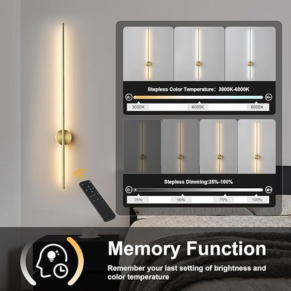 Battery Operated Modern Wall Sconces, Dimmable Wireless Wall Light Set of Two with Remote Control, 3 Color Temperatures, Rechargeable LED Wall Sconce for Bedroom, Living Room, Hallway, 39.3 Inch Brass