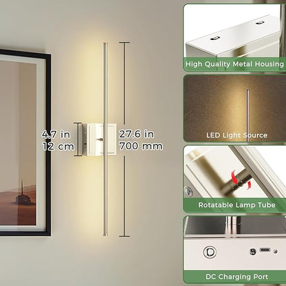 DORESshop Battery Operated Wall Sconces Set of 2, Dimmable Battery Wall Sconce with Remote Control, Nickel 350°Rotate Rechargeable Sconces, 28.1 Inch Wireless Wall Lights for Bedroom, Living Room