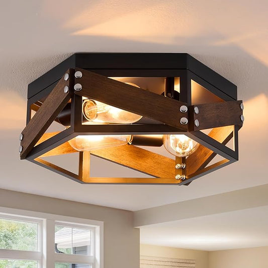 XSDeTu Farmhouse Flush Mount Ceiling Light, 3-Light Hallway Lights with Metal and Wood, Industrial Kitchen Light Fixtures Ceiling Mount, Rustic Black Chandelier for Bedroom Living Room Bathroom