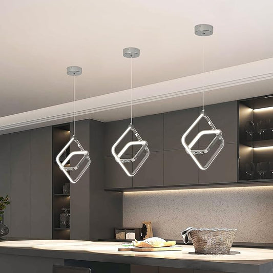 Modern LED Chandelier Chrome Rectangular Pendant Light Fixtures 4000K 20W Dimmable Height Adjustable Pendant Lighting for Dining Room Kitchen Island Bedroom Living Room Foyer（3-Pack）