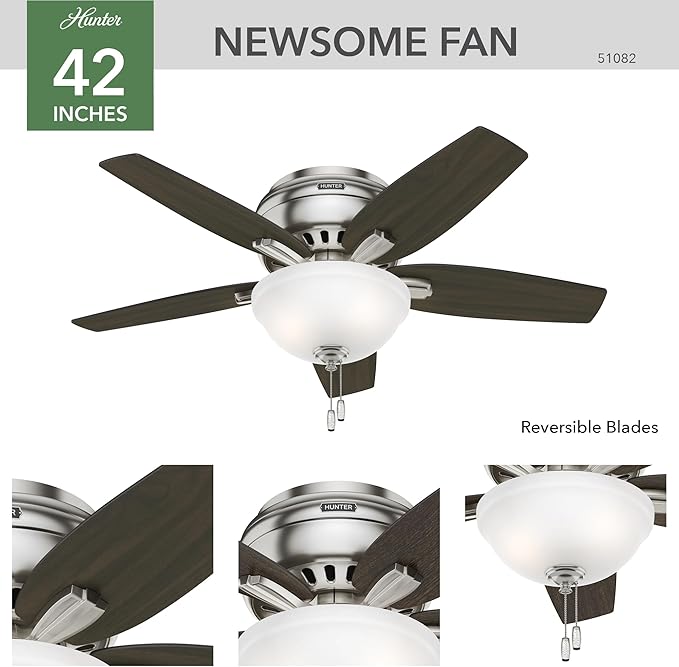 Hunter 42 inch Indoor Ceiling Fan with LED Light - Ceiling Fan with Pull Chain, For Bedroom or Living Room, Low Profile Flush Mount, No Remote, 5 Blades, Includes Bulbs - Newsome 51082, Brushed Nickel