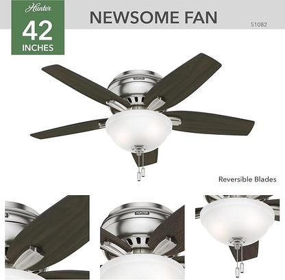 Hunter 42 inch Indoor Ceiling Fan with LED Light - Ceiling Fan with Pull Chain, For Bedroom or Living Room, Low Profile Flush Mount, No Remote, 5 Blades, Includes Bulbs - Newsome 51082, Brushed Nickel